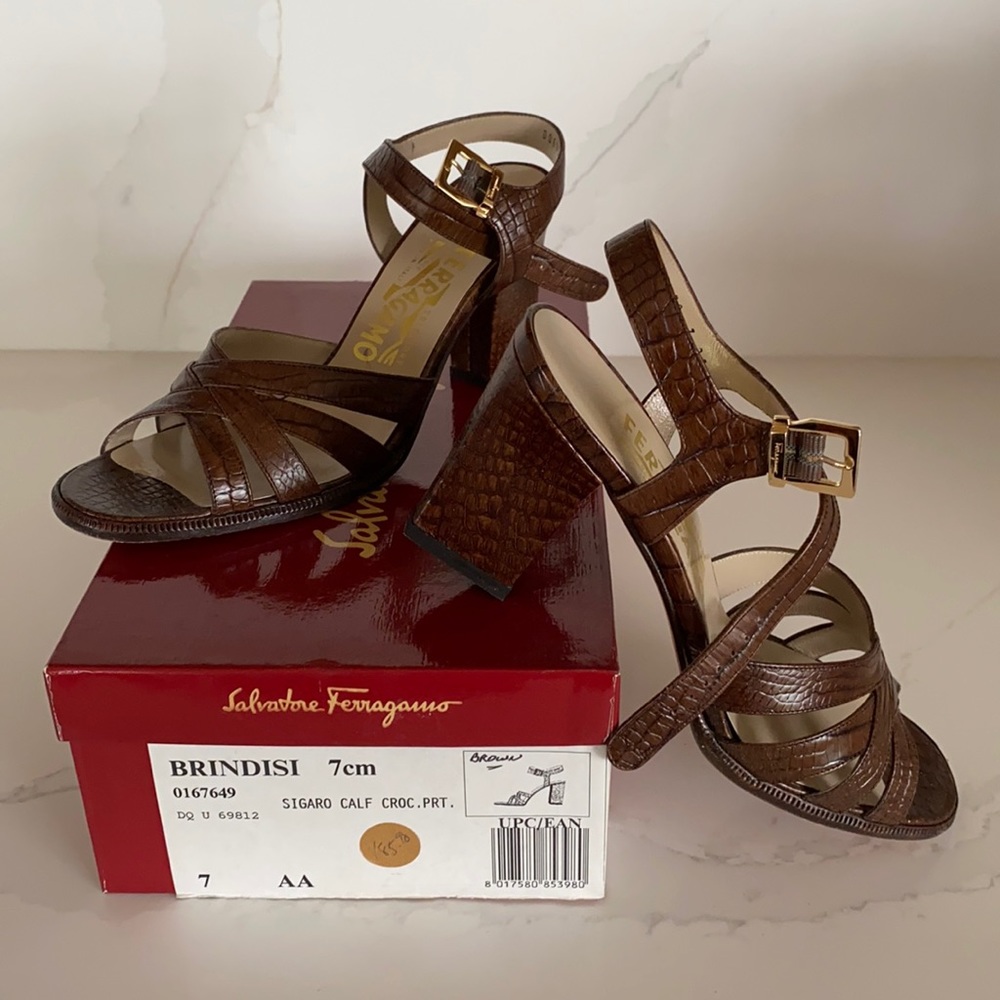 Ferragamo 7AA brown croc calf 3” heeled sandals with ankle strap/gold buckle.